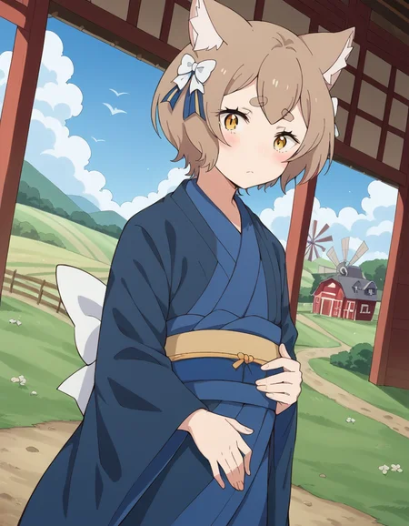 score_9, score_8_up, score_7_up, source_anime, <lora:felix-argyle-s3-p1-ponyxl-lora-nochekaiser:1>, felix argyle, short hair, bangs, brown hair, bow, animal ears, hair bow, male focus, cat ears, eyelashes, bob cut, thick eyebrows, white bow, otoko no ko,, japanese clothes, kimono, blue kimono, windmill, blades, farm, wind, traditional, , hand on stomach, blush,, looking at viewer, solo,, dutch angle, cowboy shot