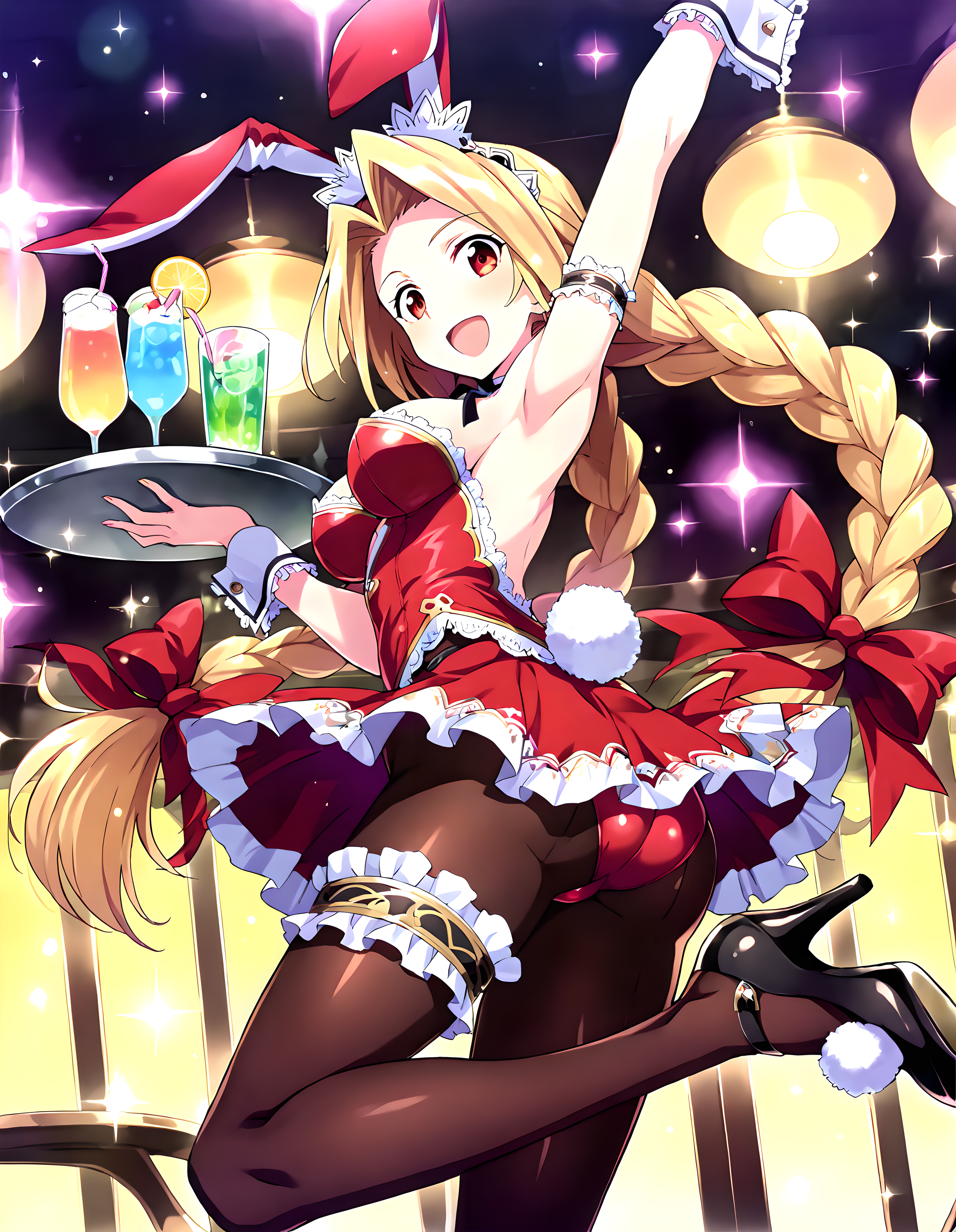 <lora:illustrious_XL_cordelia:0.9>,cordelia,masterpiece,best quality,good quality,1girl,solo,playboy bunny,rabbit ears,rabbit tail,fake animal ears,open mouth,wrist cuffs,skirt,pantyhose,bridal garter,high heels,cup,drinking glass,arm up,armpits,tray,looking at viewer,smile,