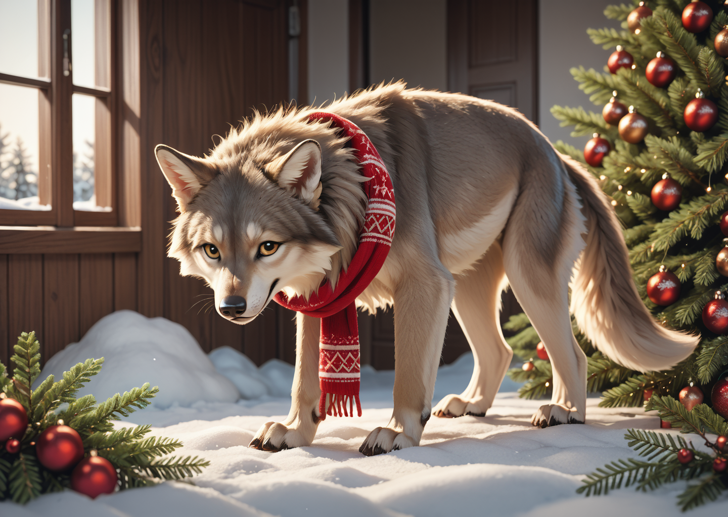 score_9, score_8_up, score_7_up, score_6_up, score_5_up, score_4_up, detailed, realistic, illustration, 8k, wolf pups wearing scarves playing in the snow near a christmas wreath (cute furry feral:1.2), source_furry <lora:Animal_Christmas:0.8> animal christmas