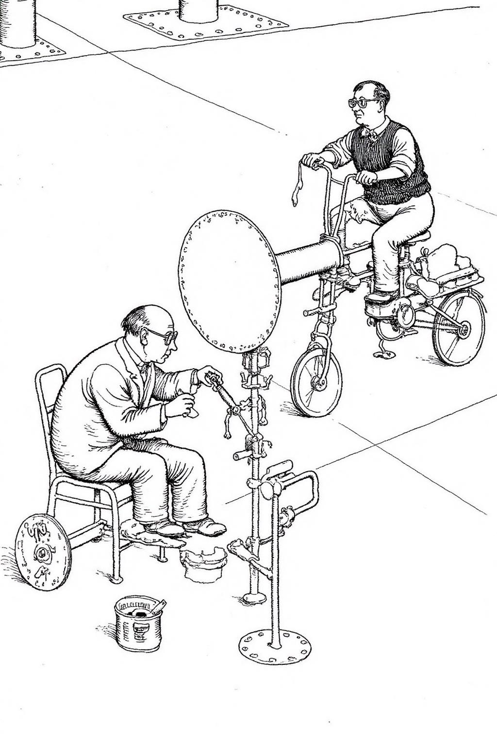 whrob1 illustration. 
Two men working in a workshop setting. In the foreground, a man with a bald head and glasses is seated on a small, wheeled stool, which is attached to a large, cylindrical object labeled "POLY" at the bottom. He is using a brush to apply paint to the object, which appears to be a large pipe or tube. Behind him a man wearing glasses is riding a strange bicycle. <lora:whrob1_cap_d6a3e11:1.0><lora:828458711614917475:0>