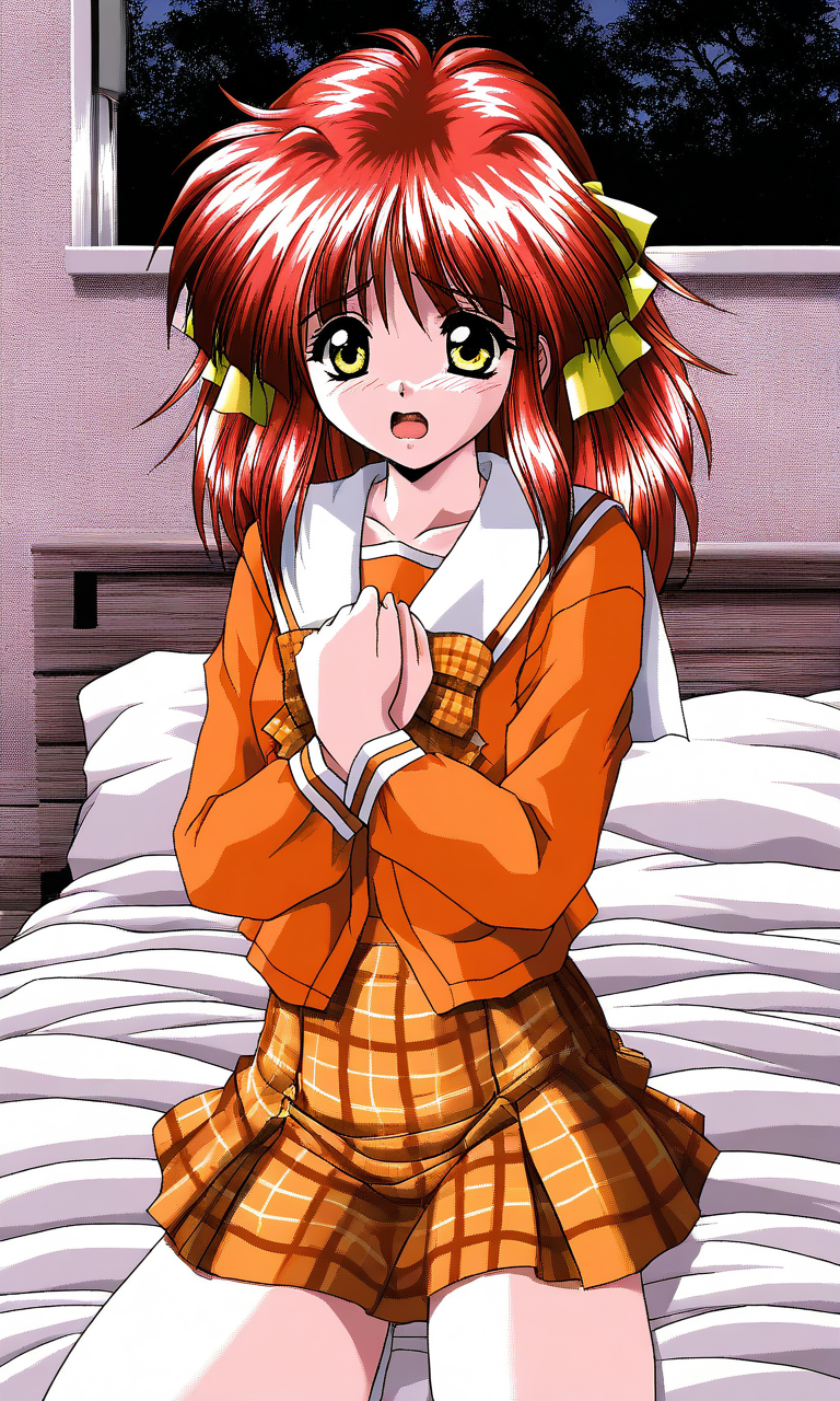 general,highres, ultra-detailed,very aesthetic,best quality ,best hands, BREAK <lora:Kisaragi_Hina_Akumu_AoiKajitsunoSange_IS:1>
Kisaragi_Hina, 1girl, solo, red hair,  medium hair, yellow eyes, hair ribbon, small breasts,
 open mouth, short, plaid skirt, plaid bow, long sleeves, serafuku, 
embarrassed+afraid, orange school uniform, ribbon, 
outdoors,hands on own chest,
bed room, sheet, bed,
