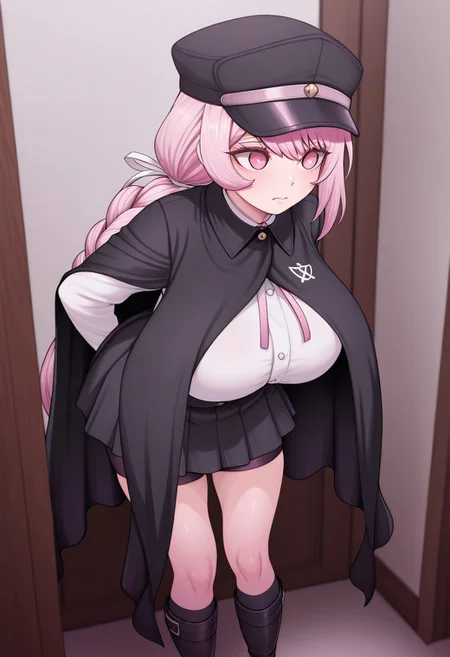 masterpiece,best quality,amazing quality,solo,pieroppai,1girl,TNTsurukoSemba, pink eyes, pink hair, long braided ponytail, white hair ribbon,black hat, white collared shirt, pink neck ribbon, black collared cape, black suspender skirt, black kneehighs, black knee boots,bike shorts under skirt