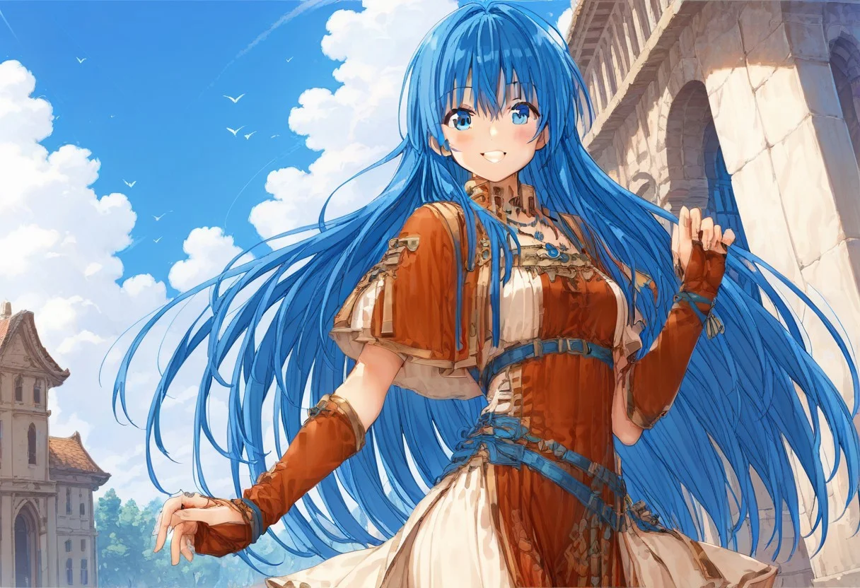 score_9, score_8_up, score_7_up, masterpiece, high quality, source_anime, 1girl, solo, cowboy shot, dutch angle, sky, smile, blush,
lilinafeh, blue eyes, blue hair, long hair,