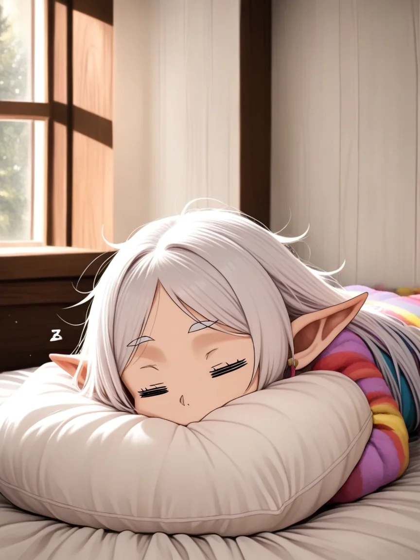 <lora:noobai_ep11_stabilizer_v0.178_fp16:1>1girl,frieren,white hair,messy hair,pointy ears,sleepy,=_=,on bed,pillow,light particles,zzz,on stomach,rainbow pajamas,dark room,masterpiece,best quality,wooden wall,window,