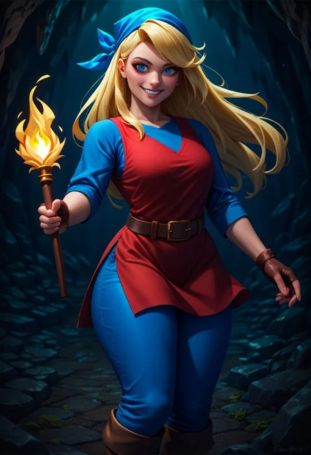 masterpiece, best quality, very aesthetic, absurdres,
score_9, score_8_up, score_7_up,score_6_up, score_5_up, score_4_up , 1girl, cadence, blue eyes, blonde hair, long hair,
thick thighs, blue bandana, red tunic, fingerless gloves, brown boots, belt, blue pants,
standing,
smile, holding torch, cave background <lora:CadenceIllustriousXL_byKonan:1>