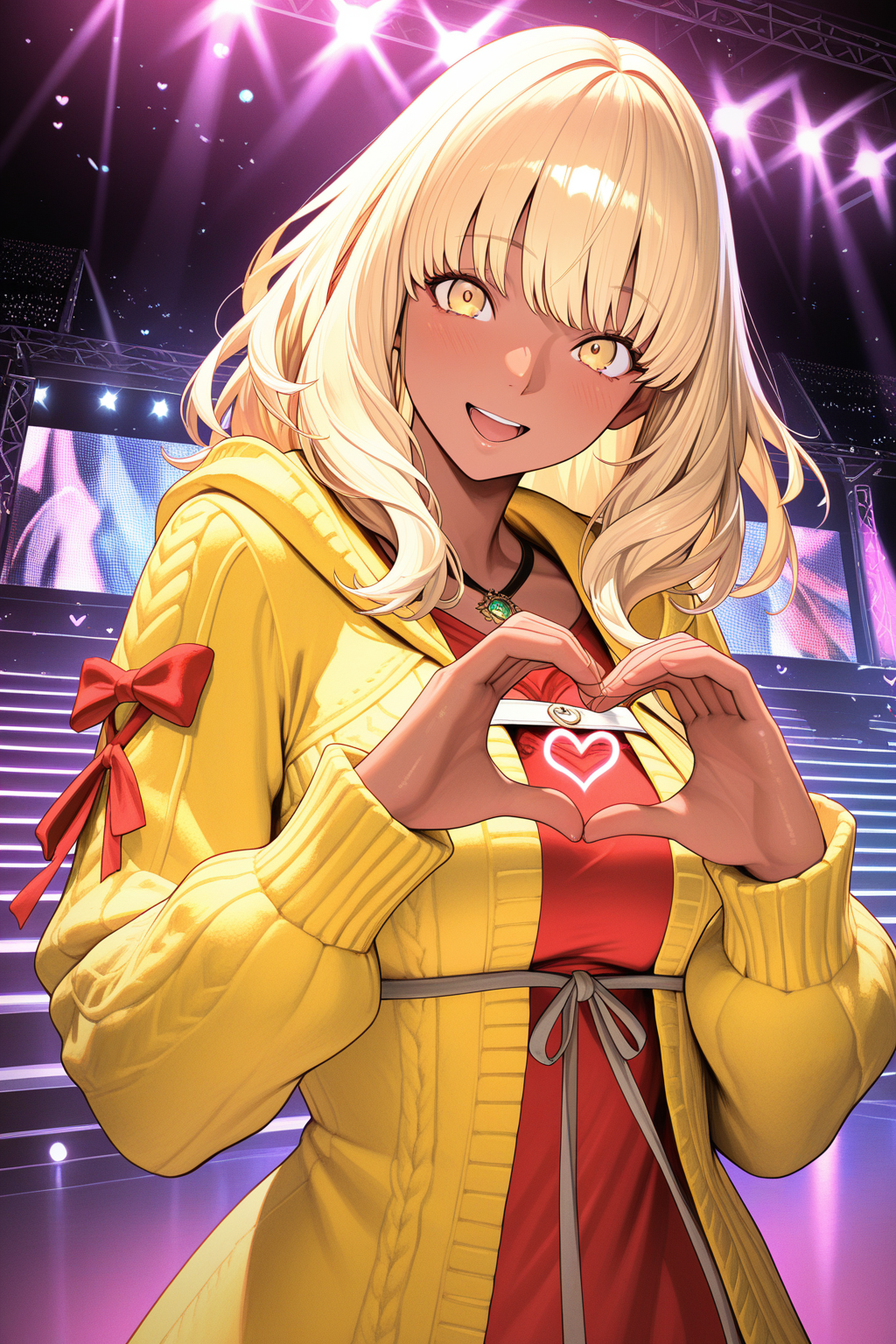 masterpiece, best quality, amazing quality, absurdres, honeyhyune, blonde hair, dark skin, dark-skinned female, yellow jacket, yellow eyes, red shirt, solo, smile, open mouth, heart hands, looking at viewer, medium breasts, outdoors, stage, stage lights, bright colors, vibrant colors