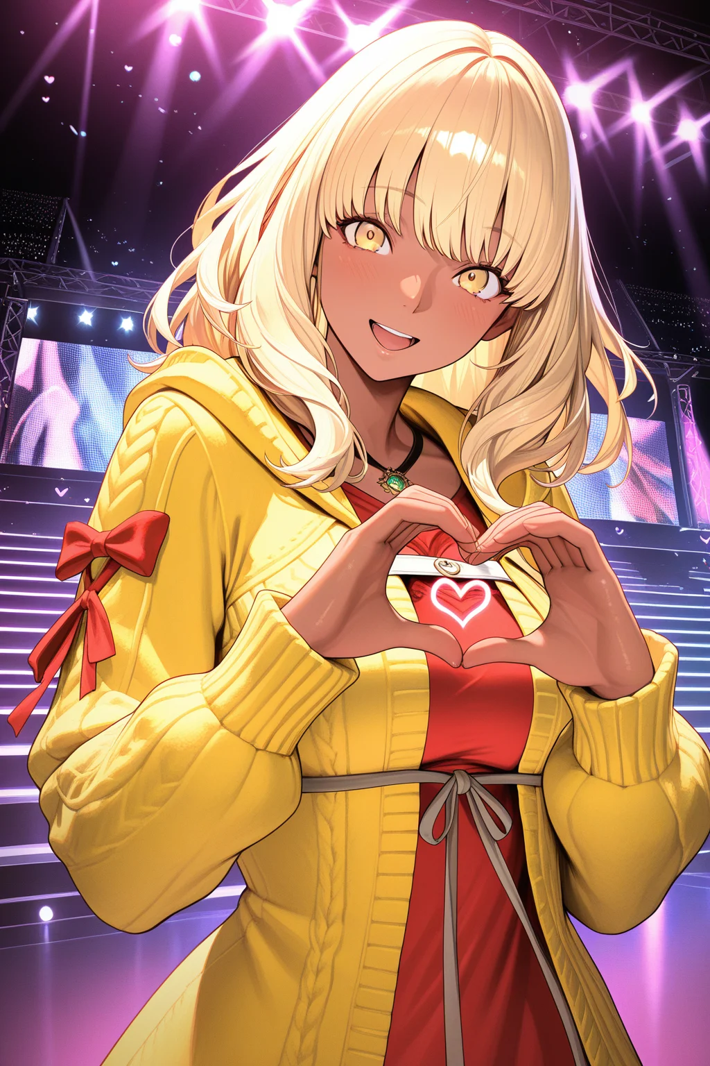 masterpiece, best quality, amazing quality, absurdres, honeyhyune, blonde hair, dark skin, dark-skinned female, yellow jacket, yellow eyes, red shirt, solo, smile, open mouth, heart hands, looking at viewer, medium breasts, outdoors, stage, stage lights, bright colors, vibrant colors