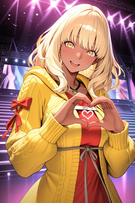 masterpiece, best quality, amazing quality, absurdres, honeyhyune, blonde hair, dark skin, dark-skinned female, yellow jacket, yellow eyes, red shirt, solo, smile, open mouth, heart hands, looking at viewer, medium breasts, outdoors, stage, stage lights, bright colors, vibrant colors
