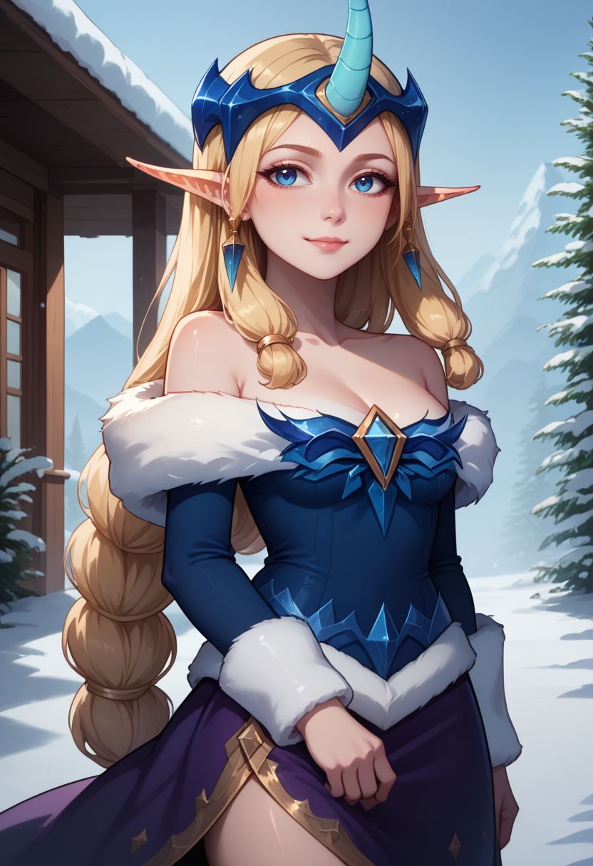 score_9, score_8_up, score_7_up, source_anime, 1girl, wwsoraka, pointy ears, blonde hair, blue eyes, braid, horns, single horn, medium breasts, bare shoulders, collarbone, earrings, jewelry, fur trim, blue dress, long sleeves, cleavage, off shoulder, purple skirt, snow, snowing, standing, light smile, looking at viewer, outdoors, crossed arms, <lora:wwsoraka_v1-000010:1>