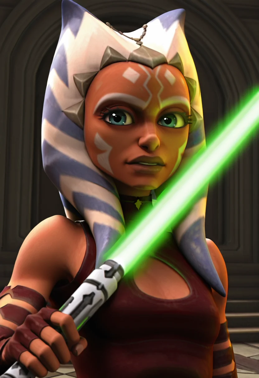 <lora:Ahsoka_S3-5:1> ahsoka_tano, togruta, lekku, facial_markings, symmetrical face paint, original_appearance, padawan_outfit, clone_wars_style, star_wars_background, 3d, close_up, looking at viewer, holding a green lightsaber, in a battle stance