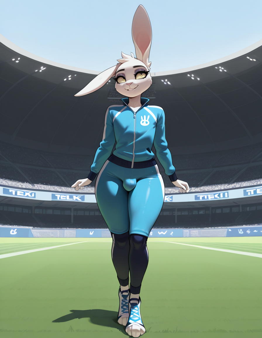 masterpiece, best quality,
outdoors, stadium, 
full body,smile,parted lips,long eyelashes,happy,
sportswear,
 <lora:Texi_v01_ILXL:1>,
Texi,1boy,solo,furry,rabbit boy,girly,short hair,rabbit ears,yellow eyes,colored sclera,eyeshadow,body fur,white fur