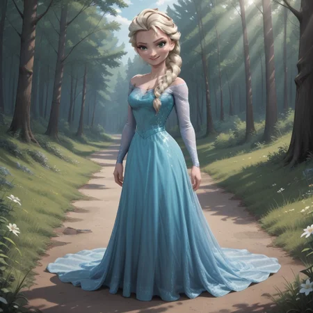 score_9, score_8, BREAK, solo, Elsa_(Frozen), platinum blonde hair, braided ponytail, blue eyes, eyeshadow, lipstick, cyan long dress, cyan heels, self portrait, smile, looking at viewer, outdoors, sunlight, shadows, evening lighting, natural lighting, forest, trees, grass, orange sky, sunset