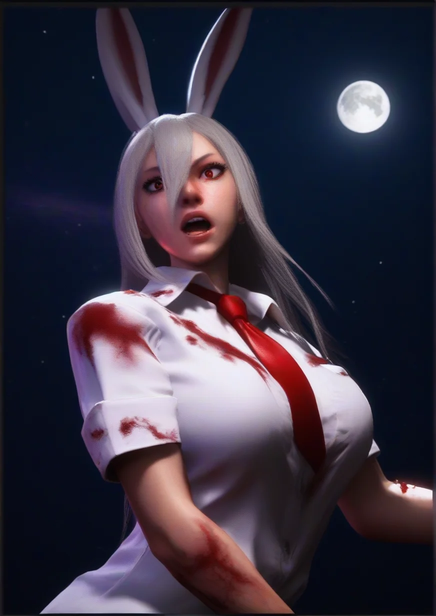 1girl, reisen udongein inaba, score_9, score_8_up, score_7_up, score_6_up, score_5_up, score_4_up, realistic, huge breast, 3d, , animal ears, black border, black sky, blood, blood on face, border, breasts, collared shirt, grey hair, hair between eyes, injury, light, long hair, looking at viewer, moon, necktie, open mouth, rabbit ears, red eyes, red necktie, shirt, short sleeves, sidelocks, sky, solo, space, standing, white shirt, zPDXL3,<lora:Street_Fighter_6:1>