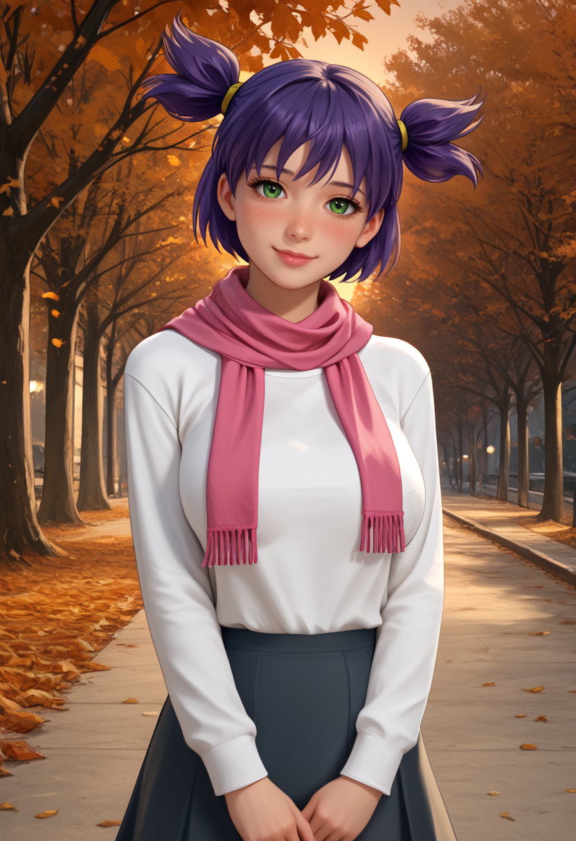 score_9, score_8_up, score_7_up, 3d, realistic, realism,
best quality, masterpiece, ultra detailed,
162 cm height,
<lora:Expressive_H:1>, light smile, (blush:1.5), closed mouth, lips, nose,
looking at viewer, from side, dynamic pose,
<lora:Everlasting_Summer_Lena_by_GraffMetal_V1.2:1>, lena, purple hair, green eyes, short hair, short twintails, twintails, two side up, bangs, solo, large breasts,
black tights, a black short skirt, a white t-shirt, grey jumper, pink scarf,
amazing background, autumn, evening, cozy,