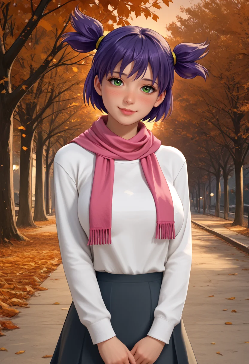 score_9, score_8_up, score_7_up, 3d, realistic, realism,
best quality, masterpiece, ultra detailed,
162 cm height,
<lora:Expressive_H:1>, light smile, (blush:1.5), closed mouth, lips, nose,
looking at viewer, from side, dynamic pose,
<lora:Everlasting_Summer_Lena_by_GraffMetal_V1.2:1>, lena, purple hair, green eyes, short hair, short twintails, twintails, two side up, bangs, solo, large breasts,
black tights, a black short skirt, a white t-shirt, grey jumper, pink scarf,
amazing background, autumn, evening, cozy,