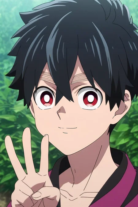 score_9, score_8_up, score_7_up, source_anime, rating_safe, , anime screencap, , official style, looking at viewer, depth of field, 1boy, solo, male focus, <lora:kabane_kusaka_pony:0.9>, kabane_kusaka, black hair, red eyes, short hair, hair between eyes, asymmetrical, atlantis, midnight, v, peace sign, light smile, ,, <lora:sdxl_lightning_8step_lora:1>