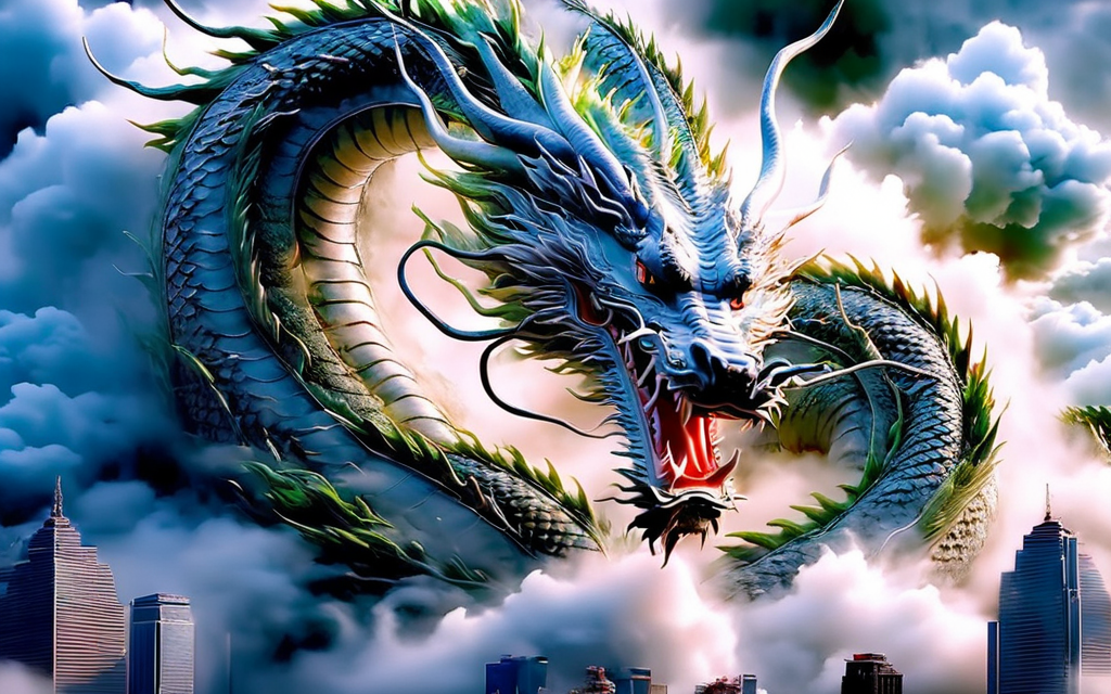(best quality,masterpiece, intricate,ultra-detailed,realistic,RAW photo,8k uhd,ultra high res,photorealistic style,cinematic scenes, sharp focus,dramatic lighting,extremely detailed CG unity wallpaper) ,a dragon meekly flying in the clouds over a city,top-down view,<lora:CL_4Guardians_XL_v1:1>