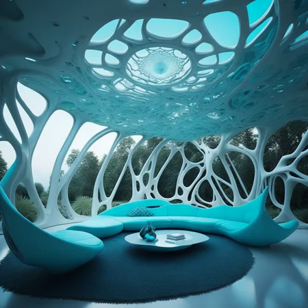 <lyco:bionic style interior design:1.0> a living room with a very beautiful glass wall, in the style of futuristic shapes, intricate ceiling designs, global illumination, dark white and light cyan, organic biomorphic forms, intricate cut-outs