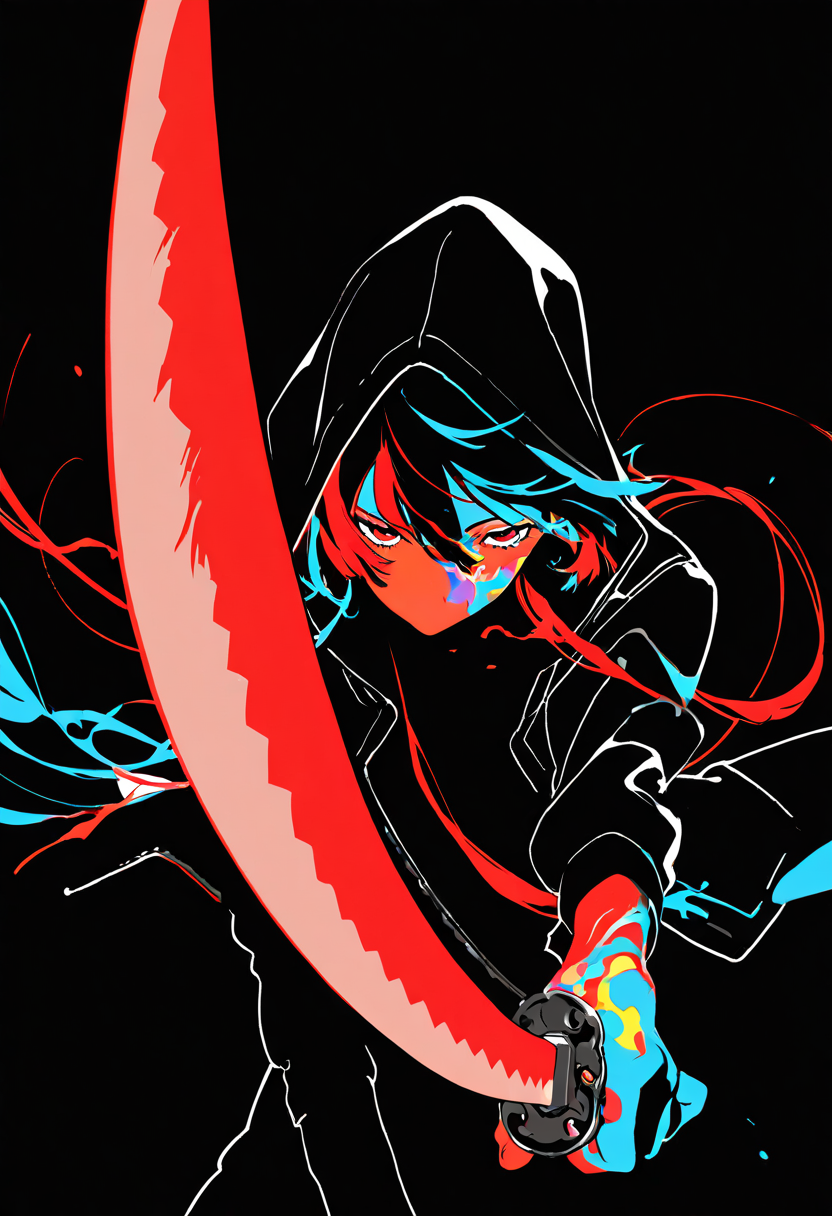 masterpiece, best quality, very aesthetic, absurdres,yoneyama mai, lineart, monochrome, (red sword), (fighting stance), (disheveled hair:1.1), (dark theme), chiaroscuro, foreshortening, (colorful splashes:1.16), (shining:1.1), (focus on face:1.1), Glowing skin, Strong contrast, long sleeves, simple background, red eyes, weapon, hood, black background, sword, hooded jacket, meme, jacket, hood up, red long hair, glowing, half-closed eyes, looking at viewer