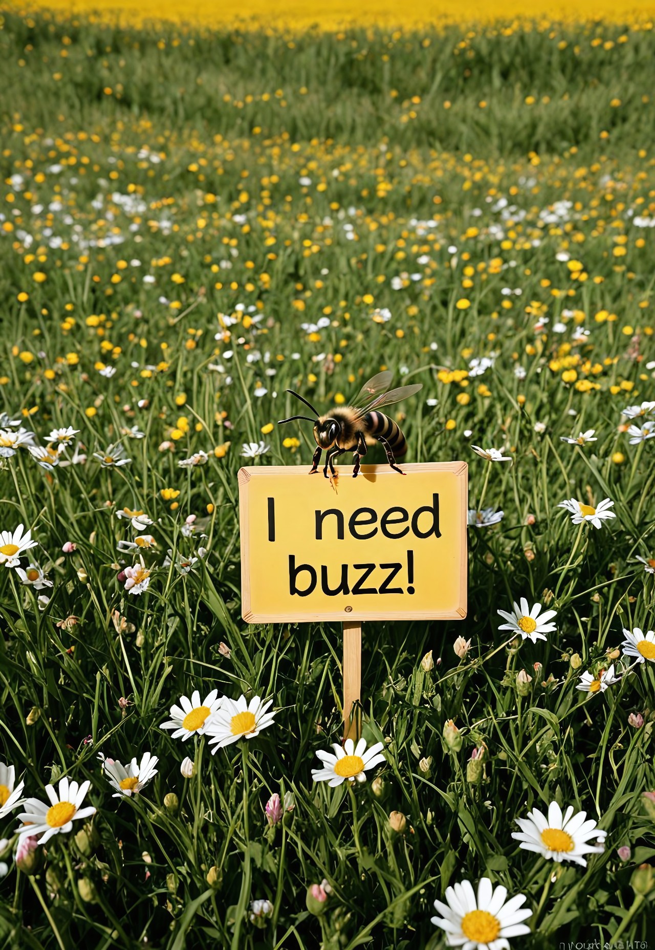 need_buzz, holding sign, bee, summer, sunny weather, extreme closeup, 8k, realistic, hyperrealisitc,

BREAK

A closeup picture of a bee, flying through a field of flowers with a sign around his neck that reads "Will buzz for buzz!". The weather is sunny, and the blurred background is filled with children playing, adults on picnics and dogs running around. 