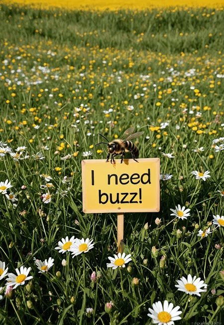 need_buzz, holding sign, bee, summer, sunny weather, extreme closeup, 8k, realistic, hyperrealisitc,

BREAK

A closeup picture of a bee, flying through a field of flowers with a sign around his neck that reads "Will buzz for buzz!". The weather is sunny, and the blurred background is filled with children playing, adults on picnics and dogs running around. 