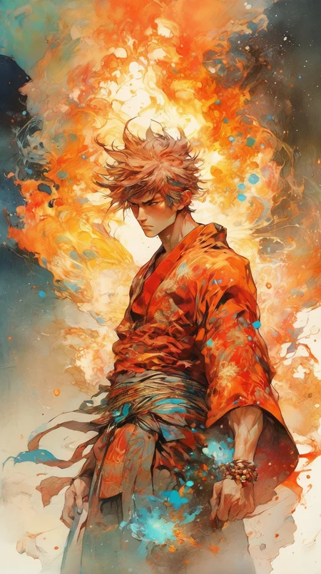 futuristic-fantasy-anime, male elemental monk | muscular | full beart | flaming hair | fighting stance | facing camera | full body portrait |centered| key visual| intricate| highly detailed| breathtaking beauty| precise lineart| vibrant| comprehensive cinematic| Masterpiece | Carne Griffiths| Conrad Roset | Alphonse Mucha