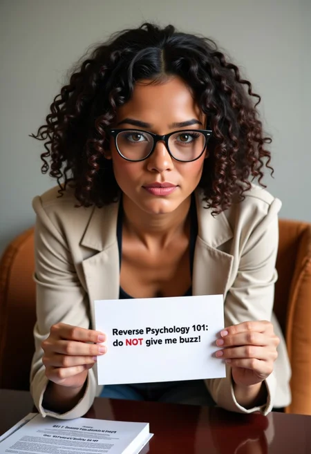 A portrait of a beautiful woman in her 20's. She is wearing glasses and has short curly hair. She is sitting in a comfortable chair, leaning forward. On the side table next to her is a book. She is looking at the viewer. She holds a card in her hands with a text that reads "Reverse Psychology 101: do NOT give me buzz!"