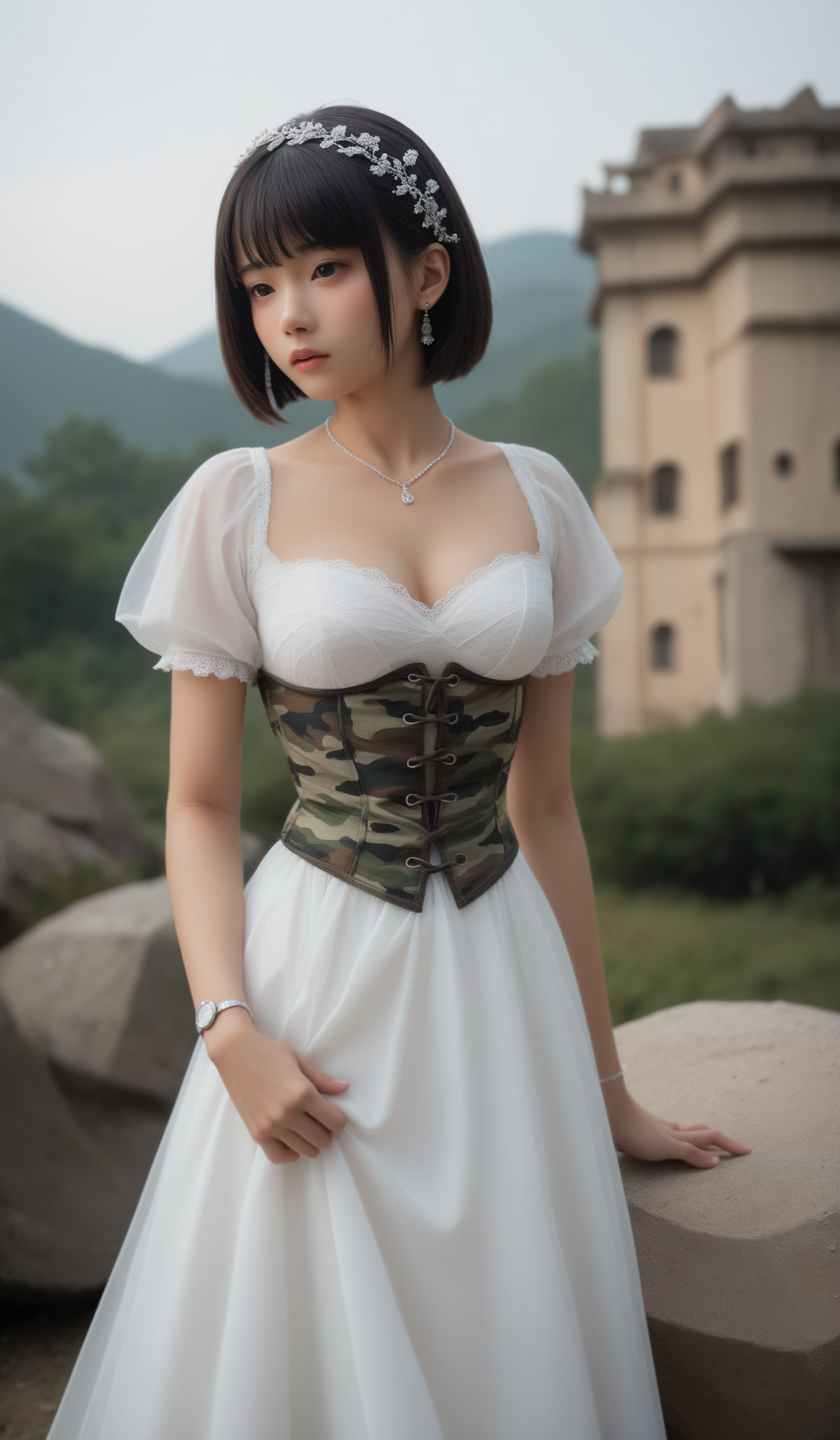 score_9,score_8_up,score_7_up,rating_explicit,Asian,underwear ,panty ,presenting, from side,sidelocks,
asian,Ancient style,outdoor setting 
(rosmontis \(arknights\), arknights),
(((photo raw)), sunbeam and High-Key Lighting Infrared Effect and sharp focus , ,),(dynamic angle,dynamic pose),shine,glowing,energy coalescing and vibrating,Close-up photo,lie_down,Elegant,shy,
wearing wedding_dress,charming,alluring,seductive,erotic,enchanting,cleavage,exposed,
(constricting upper body clothing, Crew Neck, thermal-regulating mesh,   short sleeves, tea length, Empire Waist, Two-Piece Set, corset closure,, loose-fitting lower body clothing, gravitational textile,   oversized fit, natural waist, drawstring waist,,metallic accents),(wristwatch, glittering very slightly included (vs2) jasper, emerald cut, rose cut facets, 7.00 carat, glittering,    glittered, enamel, rigid, sturdiness, enhancement method, eight-prong setting, mined, one-of-a-kind, nature-inspired, rococo, cultural symbols),( gothic architecture pedestal,rock formation,wildlife camouflage),