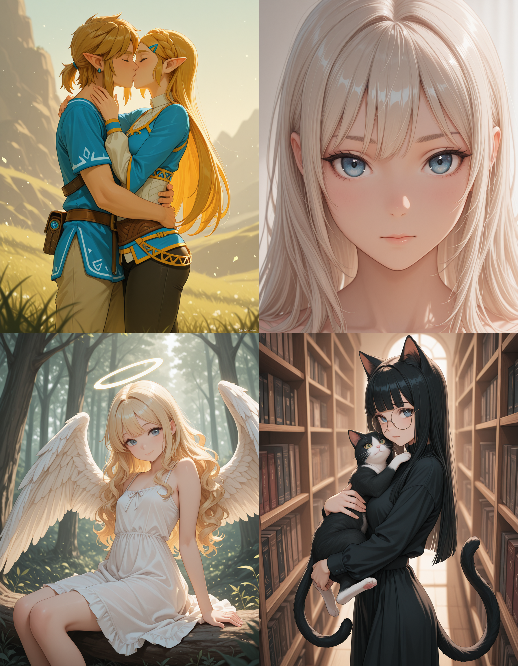 https://civitai.com/articles/8642 __ 1st image: masterpiece, best quality, 1girl, 1boy, princess zelda, the legend of zelda: breath of the wild, standing, kiss, hug, closed eyes, outdoors __ 2nd image: masterpiece, best quality, 1girl, face, portrait, looking at viewer, closed mouth __ 3rd image: masterpiece, best quality, 1girl, solo, blonde hair, wavy hair, angel, angel wings, halo, smile, sitting, forest, white dress __ 4th Image: masterpiece, best quality, 1girl, solo, long hair, black hair, blunt bangs, straight hair, round eyewear, cat girl, cat ears, cat tail, standing, hug, cat, looking at viewer, library