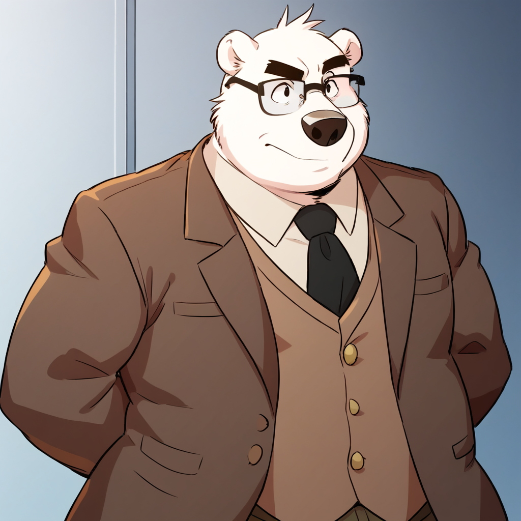 score_7_up, BREAK, professorpaljas, 1boy, solo, furry male, bear, black eyes, white fur, fat, glasses, black necktie, brown suit, upper body, arms at sides, <lora:ProfessorPaljas_PXL_Leaf1:1>