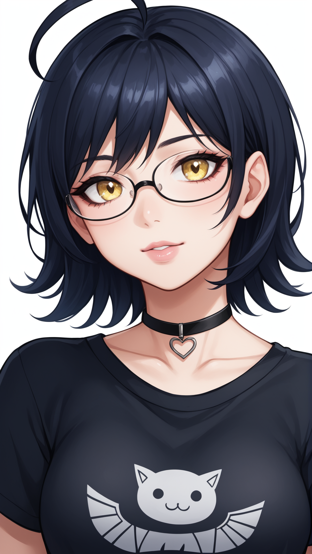 score_9, score_8_up, score_7_up, BREAK source_anime, best quality, masterpiece, ultra detailed,
<lora:Everlasting_Summer_Zhenya_by_GraffMetal:0.8>, zhenya, short hair, yellow eyes, ahoge, glasses, black hair, 1girl, solo
black eyeliner cat eye, pink lips,
black shirt, t-shirt, heart choker, goth, eyeliner, eyeshadow,
amazing background, looking at the viewer, simple background, white background, close-up