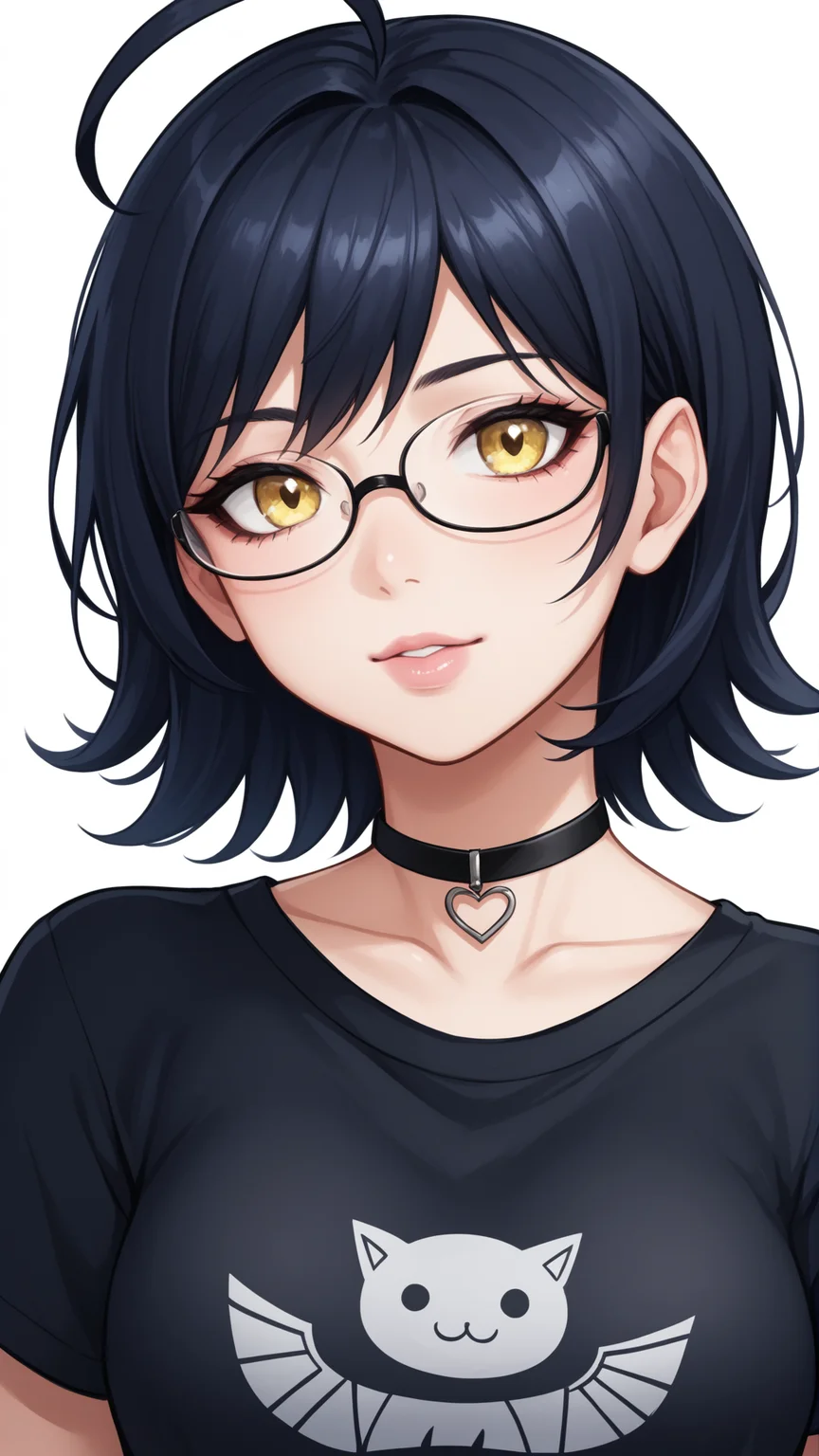 score_9, score_8_up, score_7_up, BREAK source_anime, best quality, masterpiece, ultra detailed,
<lora:Everlasting_Summer_Zhenya_by_GraffMetal:0.8>, zhenya, short hair, yellow eyes, ahoge, glasses, black hair, 1girl, solo
black eyeliner cat eye, pink lips,
black shirt, t-shirt, heart choker, goth, eyeliner, eyeshadow,
amazing background, looking at the viewer, simple background, white background, close-up