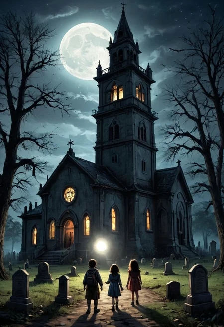 masterpiece, best quality,
digital artwork of creepy old church, 3 kids in Halloween costumes holding flash lights,
japanesehorrorclassics,
full moon, night, cosmic rays, haunted place, abandoned old church, graveyard, giant bell tower, wide shot, old trees, forest background, tombstones, scary, paranoia, feeling like someone is watching you, ruined, dirty, cemetery, fear, dread, 
(low angle:1.3), focus on old tower,
cinematic, horror, creepy atmosphere, intricate, detailed, rays of light,