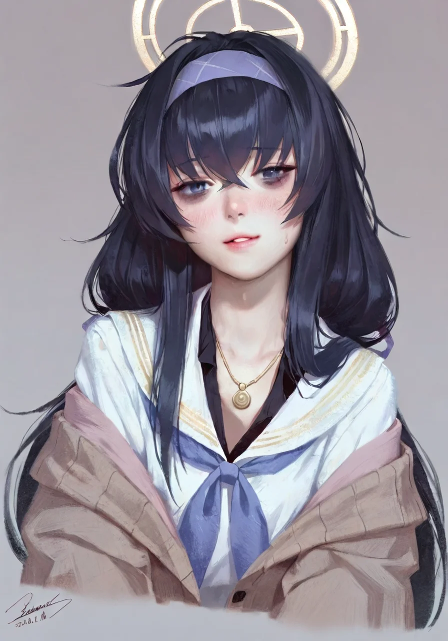 masterpiece,best quality,detail face,<lora:style60-llustrious:0.8>,traditional media,realistic,
1girl, ui (blue archive), solo, black hair, bags under eyes, white background, simple background, halo, hairband, long hair, jewelry, bangs, upper body, blue eyes, sailor collar, neckerchief, necklace, dated, cardigan, looking at viewer, long sleeves, hair between eyes, crossed bangs, cropped torso, school uniform, signature, off shoulder, blue hairband, sweat, blue neckerchief, serafuku, sleeves past wrists, blush, purple hairband, purple neckerchief, white sailor collar, brown cardigan, parted lips, sweater, smile, black undershirt, shirt