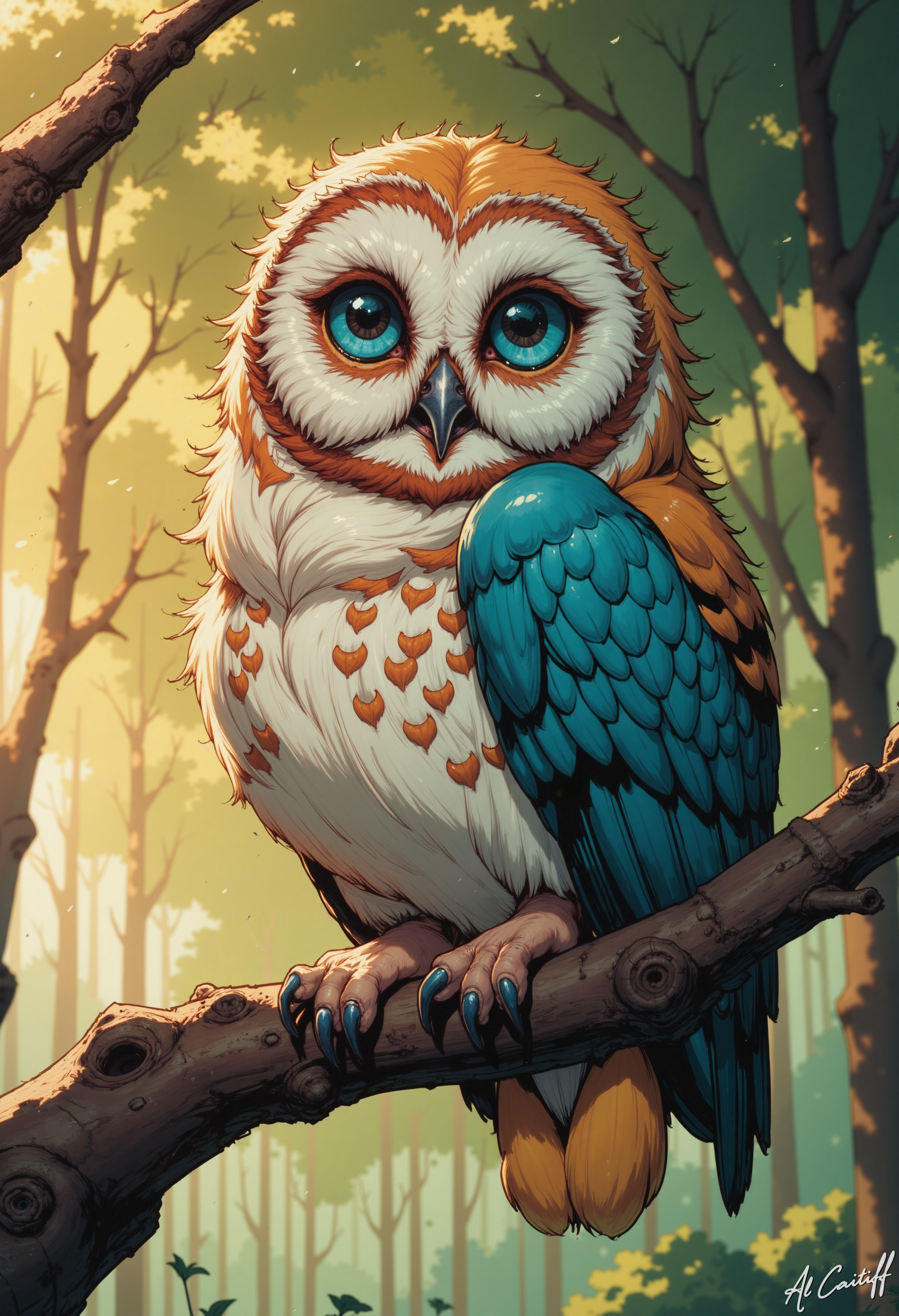 MysticComic, This exquisite image captures the mesmerizing gaze of a majestic Burrowing Owl (Athene cunicularia) perched on a gnarled branch. The camera's perspective is from directly below, showcasing the owl's striking features in stunning detail. Soft, warm light illuminates the scene, casting a gentle glow on the owl's feathers.  The owl's head is a masterpiece of texture and color. Its snow-white face is adorned with a distinctive black spot pattern, while its throat and chest display a vibrant orange-brown hue, gradating into a soft, creamy white on its belly. The wings, folded against its body, feature a striking blue sheen, with intricate orange and black markings that resemble a delicate, hand-painted design.  The owl's eyes, a piercing shade of blue, seem to hold a deep wisdom, as if gazing into the soul of the viewer. Its beak, a sharp, black hook, curves upwards in a gentle, enigmatic smile. The owl's claws, long and curved, grasp the branch with a delicate, almost human-like precision.  The branch itself, a twisted, brown twig, serves as a sturdy perch for the owl's majestic form. The background, a soft blur of green and brown, recedes into the distance, allowing the owl to take center stage in this captivating image. The photographer's skillful use of light and composition creates a sense of intimacy and connection with the subject, drawing the viewer into the owl's tranquil<lora:CustomFlux/MysticComic-v3.safetensors:1.0:1.0>
