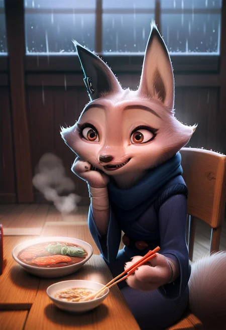 score_9, score_8_up, score_7_up, score_6_up, score_5_up, score_4_up, 
Zhen, Corsac fox, Furry, Right-sided jade ear piercing, Fur Gray and White, brown eyes,  1girl, petite, disney, source_cartoon, blue kimono, tail,  cold and raining night,indoors,looking through the window, well lit room,hand rests on head,soft and cute,sitting on wooden chair,eating noodles with chopsticks,cute and wholesome,calm,enjoying noodels,short body,facing other direction,steaming hot noodles,