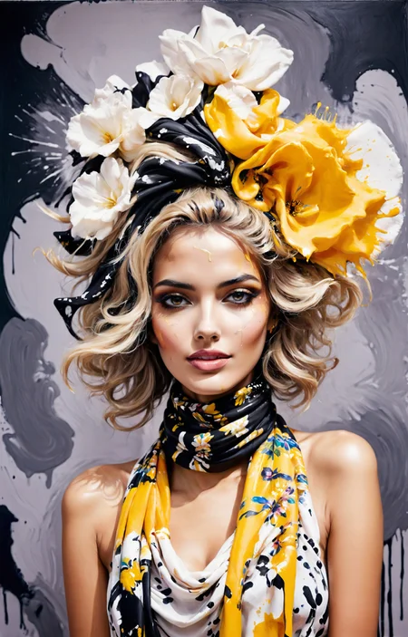 surrealist avant-garde, fashion photography, shot by ellen von unwerth, [ honey dripping over silver clouds : close-up of a beautiful Egyptian woman wearing a floral print scarf, soft smile : 6], <lora:MS_AcrylicArt_V1_SDXL:0.8> acrylic_painting, painting, brush strokes, paint drops, paint splatter