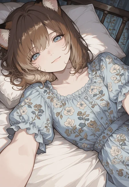 solo, detailed, ethereal, soft lines, sideways,
inside,
female pov, pov across bed, looking at viewer,
light_smile, happy,
1girl, catgirl, brown hair, blue eyes, calico patterned dress, blue_white dress,
masterpiece, best quality, amazing quality, very aesthetic, absurdres,