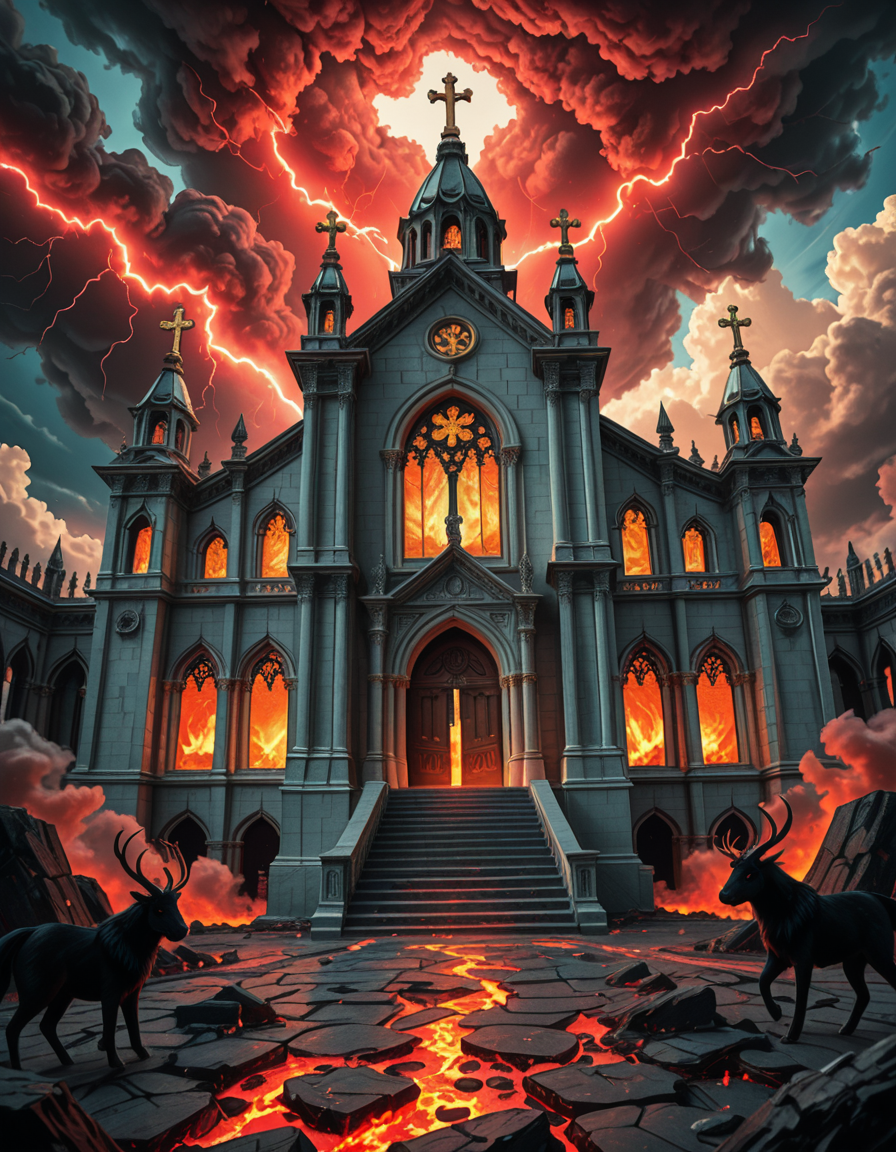 A once-majestic celestial temple, now under siege by the forces of Hell. The grand white stone structure is cracked and scorched, its golden crosses twisted and broken. The stained-glass windows, once glowing with warm divine light, are now shattered, with demonic symbols glowing ominously in their place. The sky, once a serene blue, is now consumed by dark storm clouds, swirling with red lightning and thick smoke.
Black, jagged chains extend from the sky, wrapping around the temple as if trying to pull it down into the abyss. The once-fluffy clouds beneath the structure are now a chaotic mix of fire, ash, and dark mist, with glimpses of molten lava cracks below. Infernal creatures with glowing red eyes lurk in the shadows, their silhouettes barely visible through the smoke and fire.
The temple doors are blown open, revealing an eerie red glow emanating from within, as if Hell itself is consuming the sacred space. Massive demonic runes are etched into the stone, pulsating with an unholy energy. The entire scene is bathed in a deep crimson and orange glow, giving it an apocalyptic and nightmarish atmosphere.
Style & Lighting:
- Dark fantasy, highly detailed
- Dramatic, high-contrast lighting with fiery glows
- Cinematic composition, epic scale
- Strong use of shadows, embers, and atmospheric foghighly detailed and atmospheric view from inside a massive birdcage, large enough for a human to stand inside. The cage is made of ornate, aged metal bars with intricate Victorian-style patterns, curving elegantly towards the domed ceiling. Sunlight filters through the gaps between the bars, casting long, dramatic shadows on the wooden floor. Delicate vines and small flowers have begun to grow around the bars, adding a touch of nature reclaiming the space. The background beyond the cage is blurred, hinting at a lush garden or a mysterious, abandoned mansion. The ambiance is serene yet slightly melancholic, with warm golden light illuminating dust particles floating in the air. Soft feathers are scattered on the floor, adding to the sense of quiet abandonment. The perspective makes the viewer feel as if they are inside the cage, looking outward, surrounded by both beauty and confinement. The style is highly detailed and realistic, with a cinematic and slightly surreal atmosphere.
<lora:SDXLFaeTastic2400:0.4> <lora:extremely_detailed:0.4> extremely detailed 
<lora:evil_celestial_t3mpl3-i:1> evil celestial t3mpl3, Masterpiece,best quality,hi res,8k,hi res,8k,award winning,(sharp focus, intricate, highly detailed),