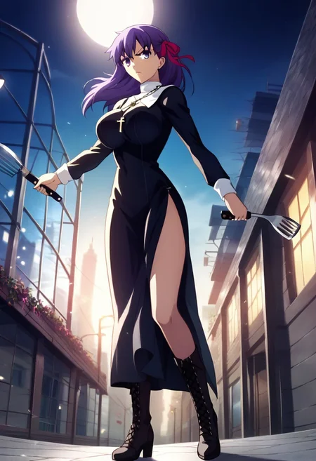 score_9, score_8_up, 1girl, MatouSakura, source_anime, Expressiveh, perfect face, purple hair, long hair, hair ribbon, pink ribbon, perfect shiny hair, purple eyes, ultra-detailed eyes, iridescent shiny eyes, 2d, anime coloring, anime screencap, perfect proportions, slim body, flared waist, ultra-wide hips, perfect ass, ultra-flared hips, shapely slim legs, large breasts, bursting breasts, skindentation, tigh squish, taut skirt, taut clothes, taut breasts, skindentation, nun dress, long sleeves, cross necklace, cross-laced footwear, lace-up boots, boots, necklace, night cityscape, moonlit street, nighttime, midnight, facing viewer, duch angle, serious expression, looking down on viewer, (holding kitchen tools as weapons: 1.2), fighting pose, zPDXL