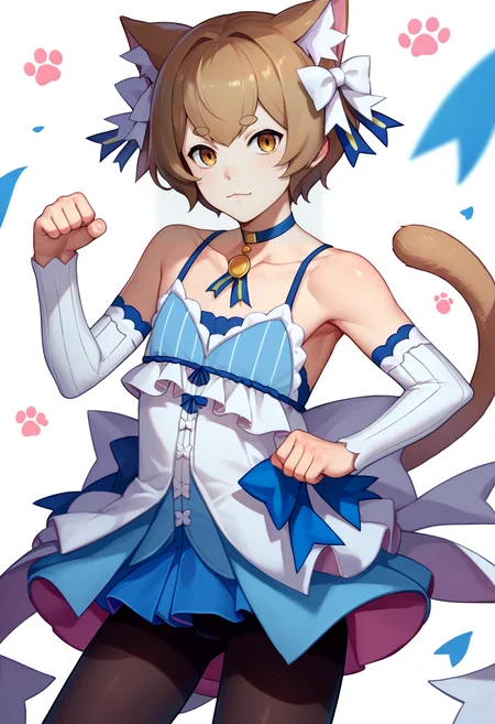 score_9, score_8_up, score_7_up, source_anime, solo, male focus, 1boy, felix argyle, otoko no ko, :3, looking at viewer, paw pose, hair bow, dress, striped, ribbon, detached sleeves, pantyhose, blue choker, tail, collarbone, bare shoulders <lora:rezero_felixargyle_ponyXL:1>