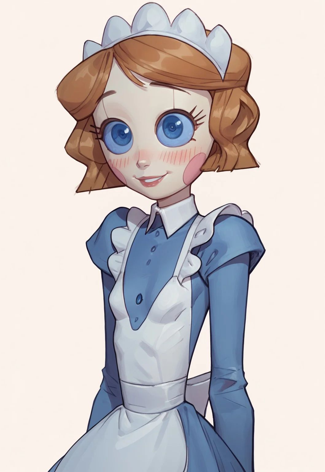 safe_pos, score_9, score_8_up, score_7_up, traditional art, 1 girl, solo, emmytr, small breasts, skinny, robot, brown hair, blue eyes, maid uniform, maid headdress, smile, blush