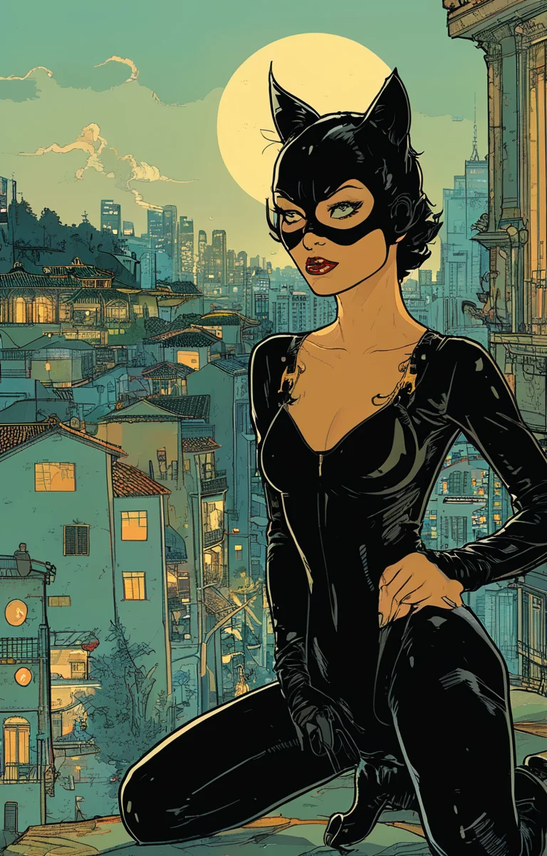 masterpiece,best quality,<lora:tbh177-sdxl:0.9>,illustration,Cliff Chiang,catwoman,
