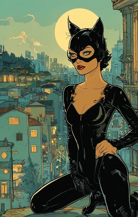 masterpiece,best quality,<lora:tbh177-sdxl:0.9>,illustration,Cliff Chiang,catwoman,