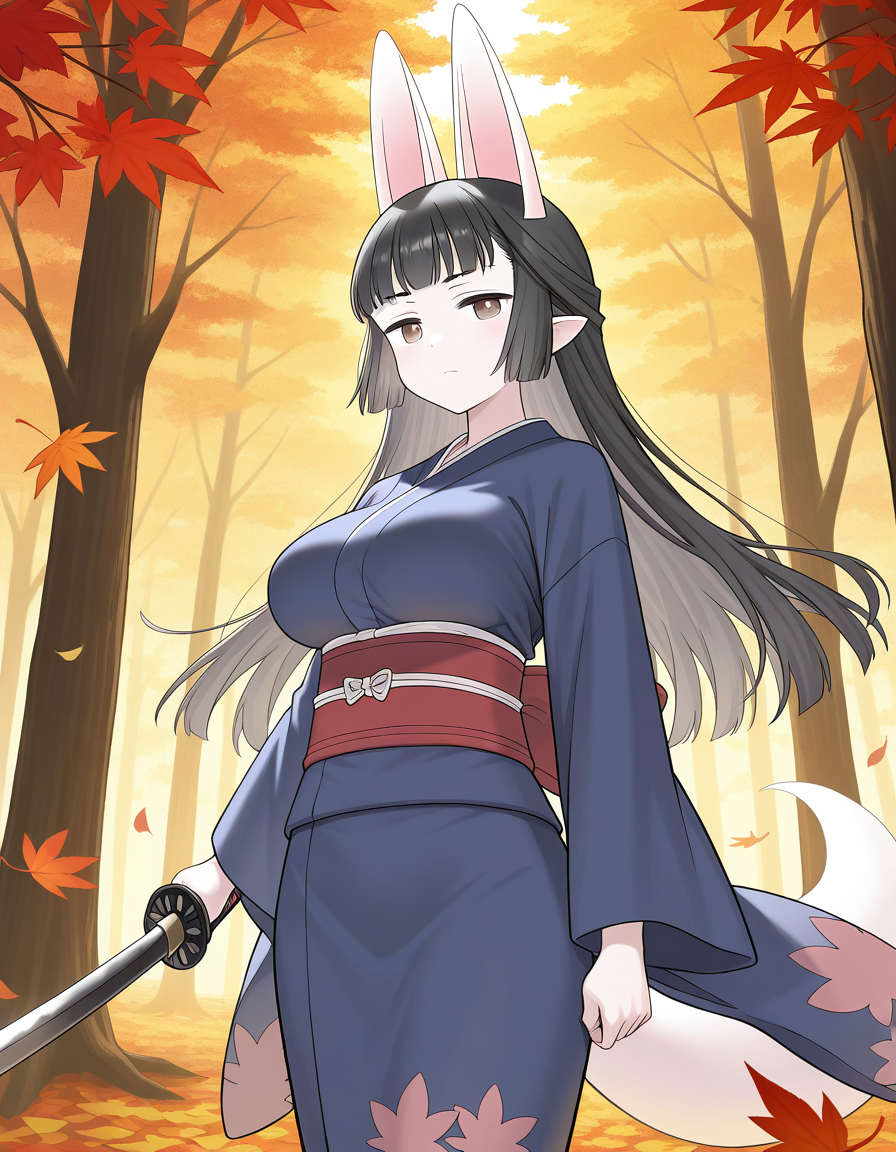 general,highres, ultra-detailed,very aesthetic,best quality ,best hands,  BREAK <lora:Hasaha_IS:1.1> Hasaha, animal ears, black hair, brown eyes, pointy ears,  white tail, large breasts,
 long hair, serious face, holding, looking at viewer, cowboy_Shot, Japanese sword, blue kimono, red sash,
forest, 
autumn,
fallen leaves,