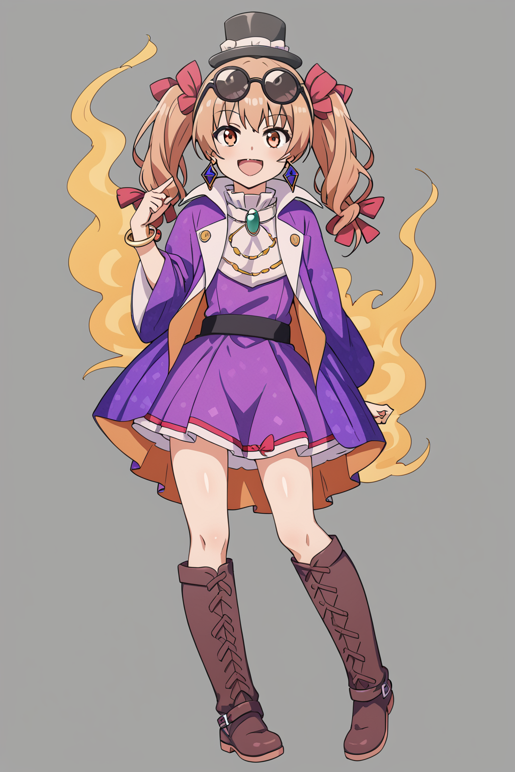 <lora:yorigami_joon:1>,1girl,yorigami jo'on,top hat, eyewear on head, boots,purple dress,standing,yorigami joon, boots,full body,open mouth, smile,