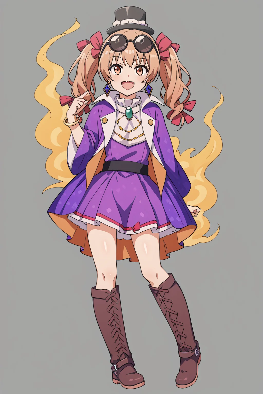 <lora:yorigami_joon:1>,1girl,yorigami jo'on,top hat, eyewear on head, boots,purple dress,standing,yorigami joon, boots,full body,open mouth, smile,