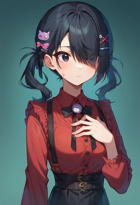 <lora:jirai_kei_style_pony:1> score_9, score_8_up, score_7_up, score_6_up, score_5_up, score_4_up, source anime, jirai kei, 1girl, solo, twintails, black hair, hair ornament, hair over one eye, suspenders, suspender skirt, x hair ornament, skirt, upper body, black eyes, ribbon, heart, shirt, black ribbon, hairclip, hand on own chest, bangs, bow, eyes visible through hair, black skirt, medium hair, red shirt, sweatdrop
