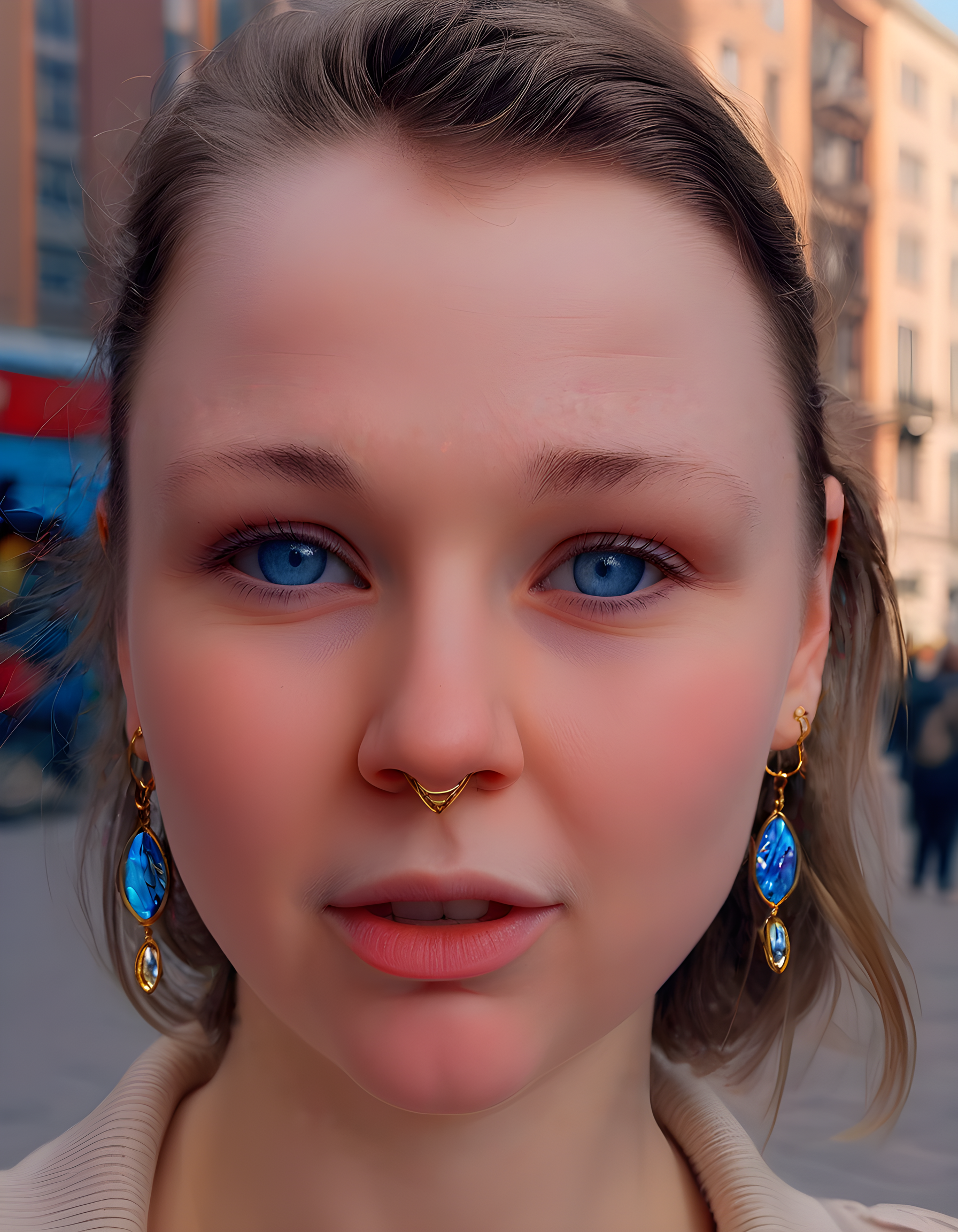 In a bustling city square bathed in the warm afternoon sun, a captivating woman named EV055M stands alone, her piercing blue eyes locked with an unspoken gaze towards the viewer. Her realistic portrait is framed against the vibrant backdrop of the urban landscape, her full lips subtly parted as if ready to whisper a secret, while her delicate earrings glint like shimmering jewels in the sun's rays, completing this mesmerizing image.