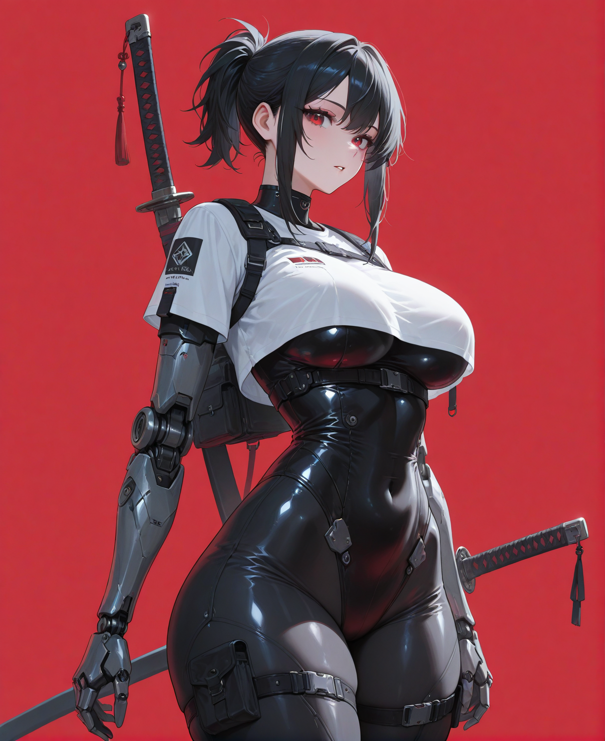 masterpiece,best quality,incredibly absurdres,1girl,black hair,sidelocks,short ponytail,long hair,red eyes,black leotard,black pants,pocket,mechanical leotard,white shirt,short sleeves leotard,crop top shirt,cowboy shot,standing,katana,weapon on back,looking at viewer,eyelashes,parted lips,mechanical arms,red background,simple background,techwear,thigh belt,belt,long hair,
<lora:re4lity:1>,re4lity_sync_illu,big breasts,thick_thighs,wide hips,